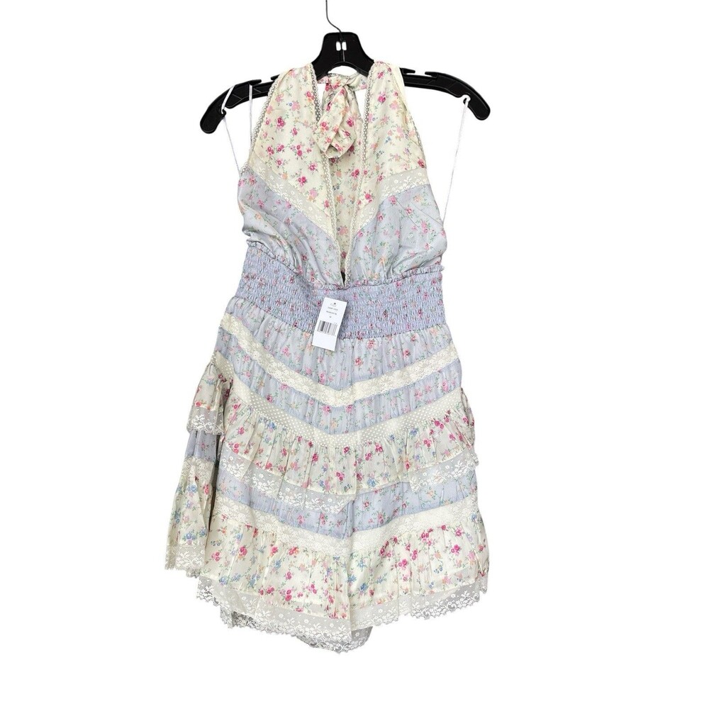 Loveshackfancy Prim Halterneck Floral Silk Minidress Pearled Blue Medium AUTH - Picture 4 of 7